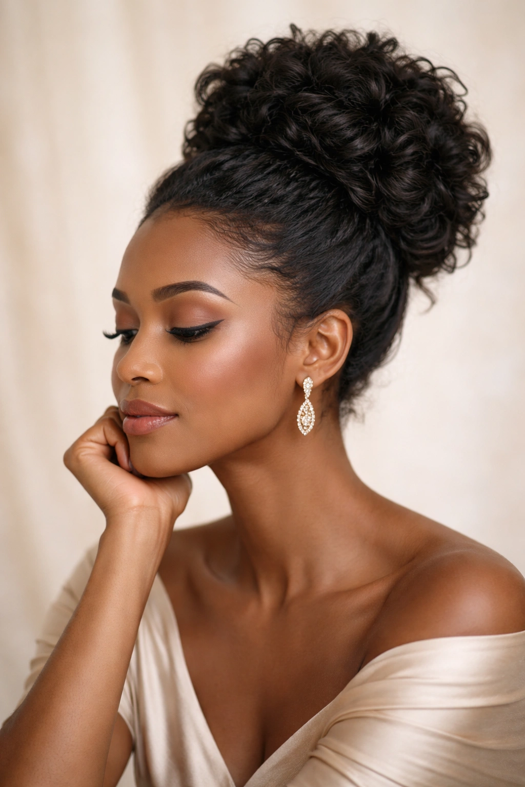 Calm portrait of a person with an elegant natural hair updo.