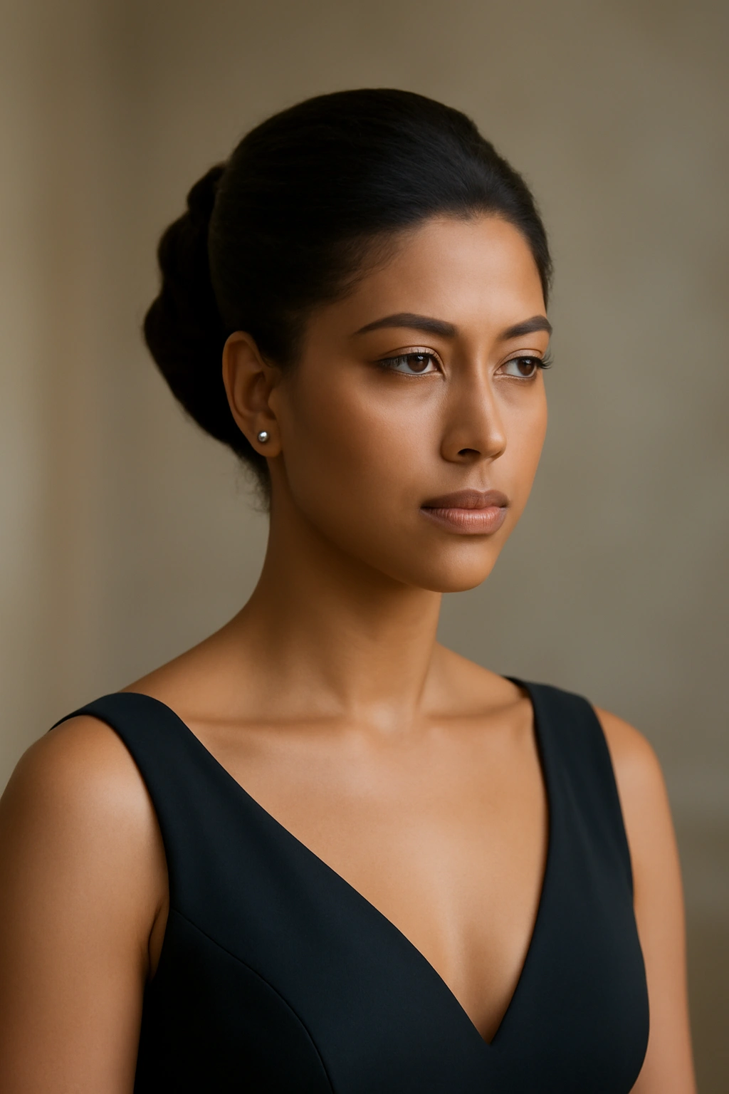 8 Sleek Updos for Black Tie and Formal Events 12 Portrait of a person with an elegant updo and formal attire.