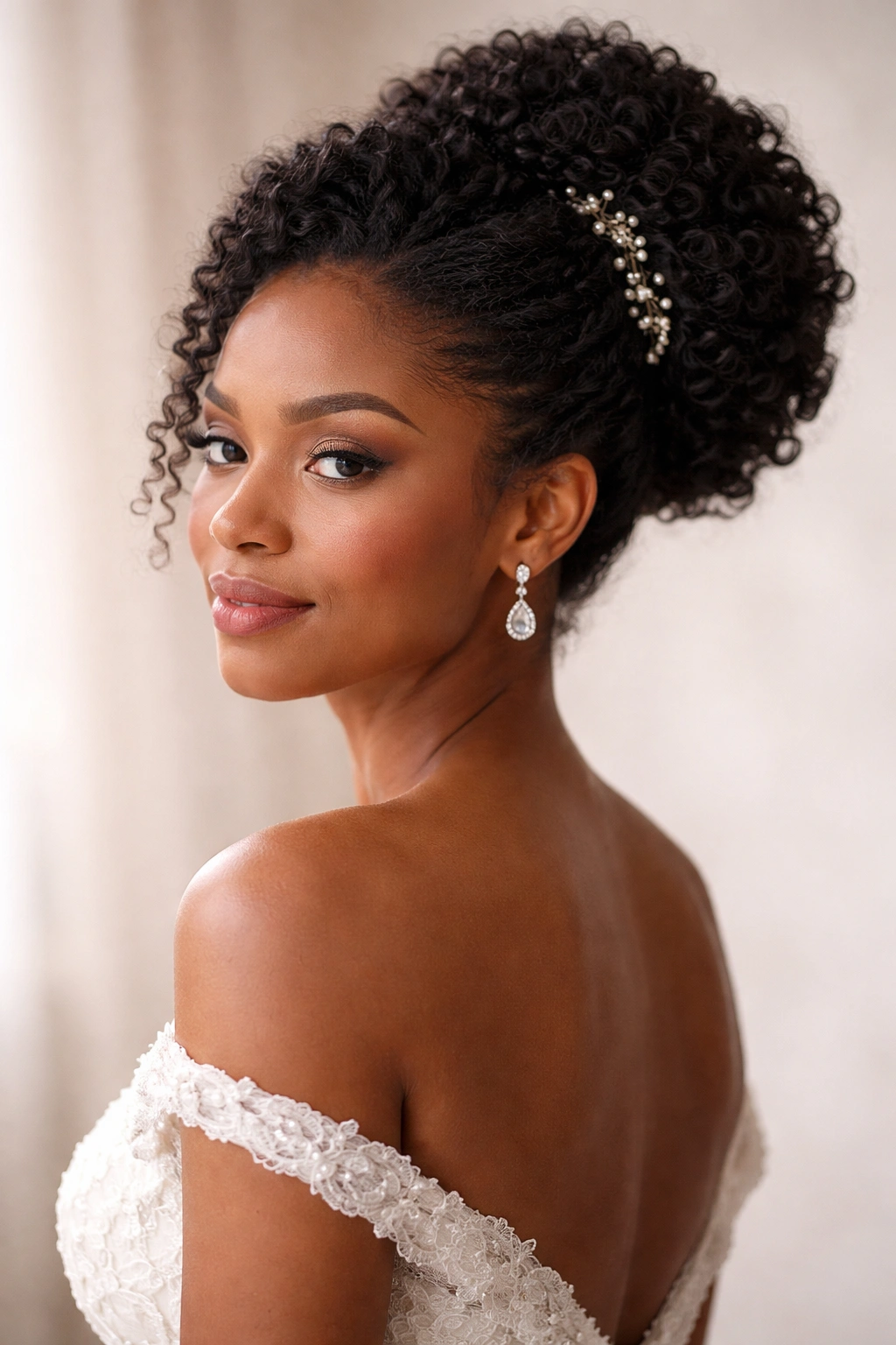 Close-up portrait of a bride with a natural hair updo featuring textured coils