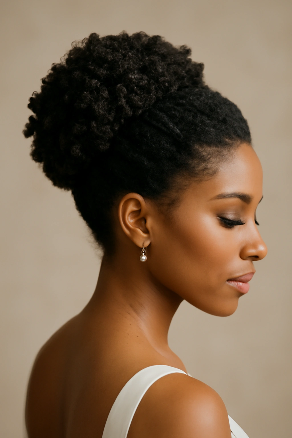 12 Natural Hair Wedding Updos You Need to See 13 Close-up of a natural hair wedding updo highlighting texture and volume in soft studio light