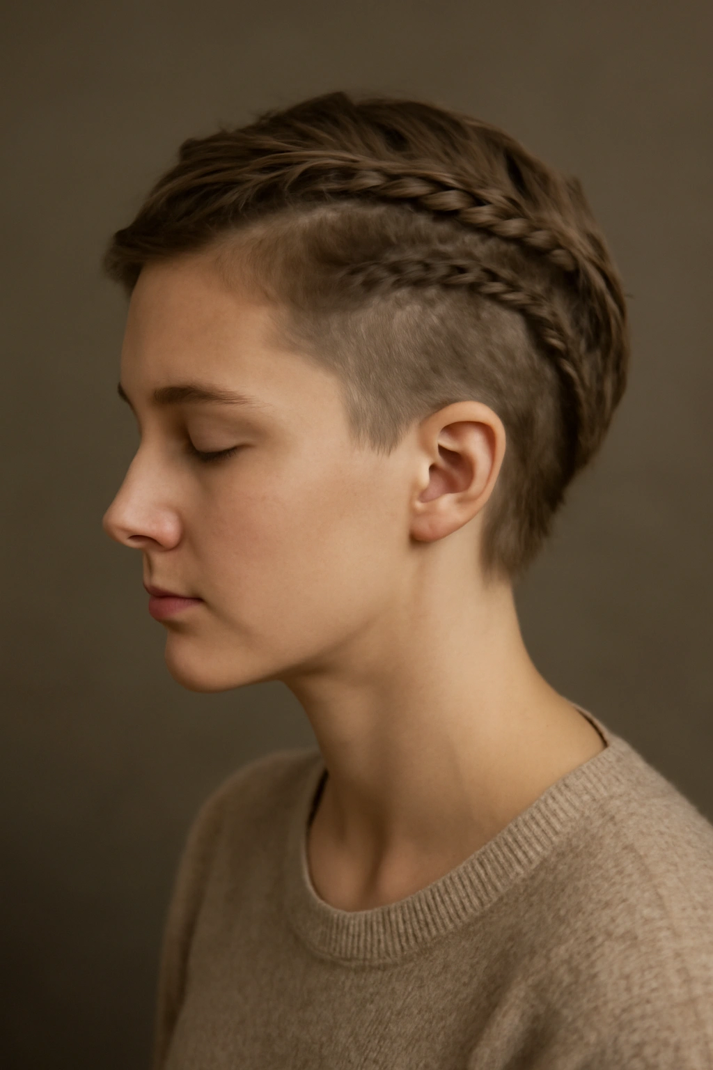 Contemplative profile of a person with subtle Viking braids on short hair