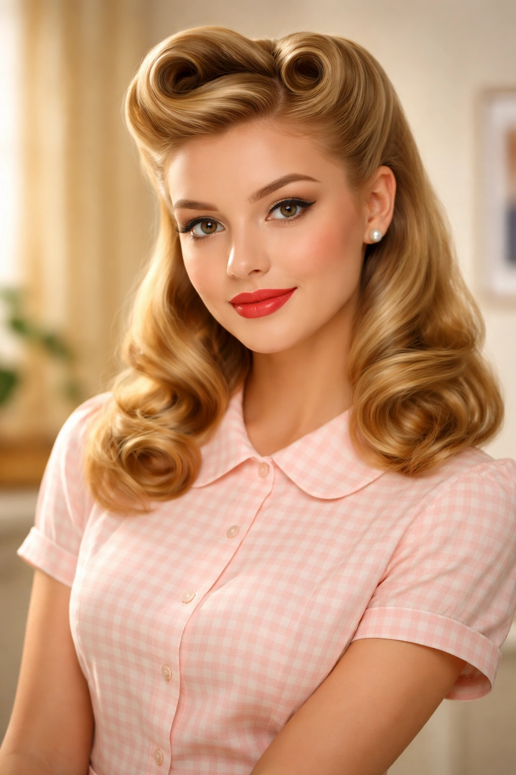Person with polished vintage hairstyle in studio