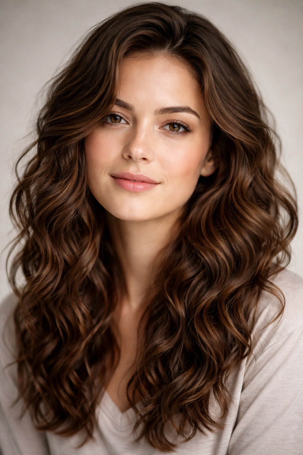 Close-up portrait of a person with natural wavy hair, highlighting wave texture in soft studio lighting