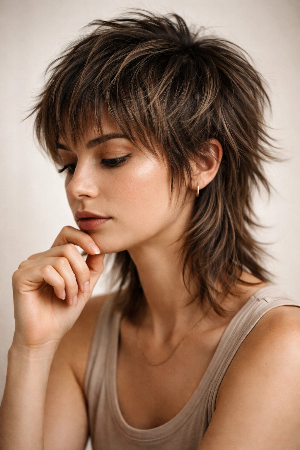 Close-up portrait of a person with a short wolf cut in a minimalist studio, conveying final thoughts on hairstyle choices.