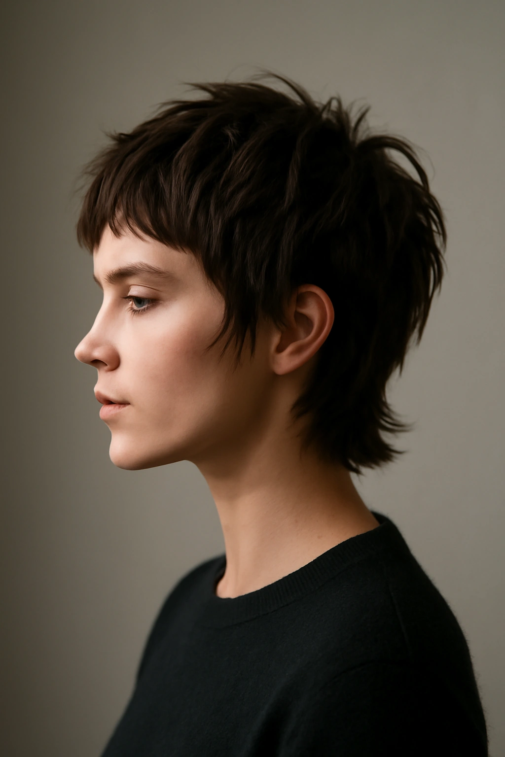 12 Wolf Cuts That Make Short Hair Look So Cool 13 Profile of a solitary figure with a textured short wolf-cut hairstyle in a minimal studio