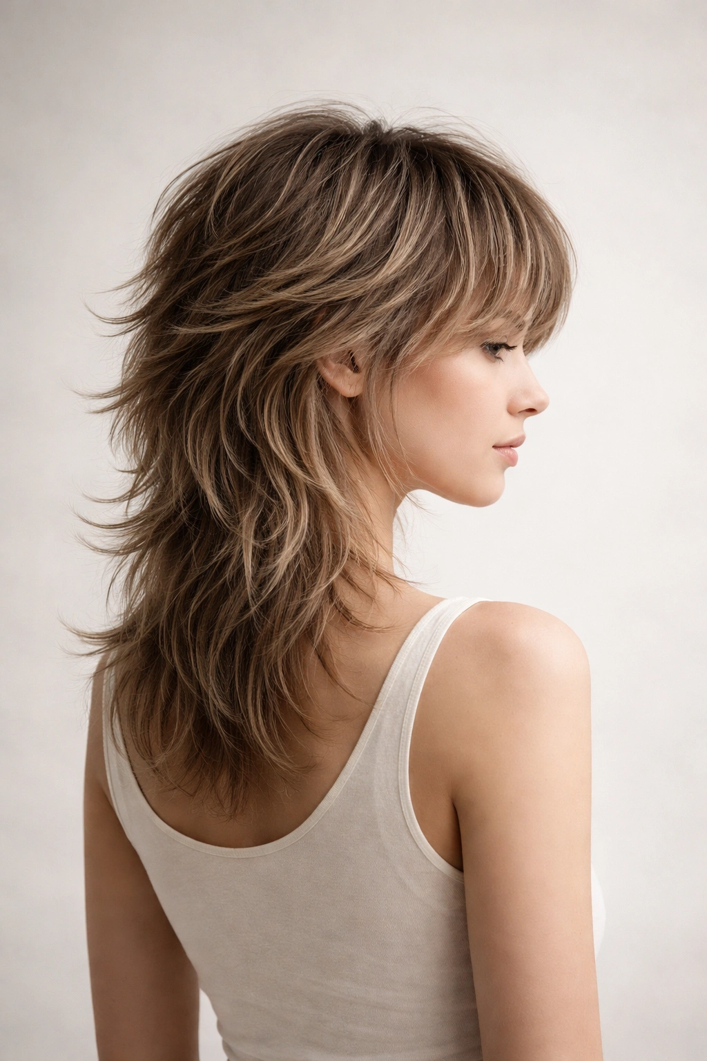 Minimalist silhouette with wolf-cut hairstyle representing final thoughts