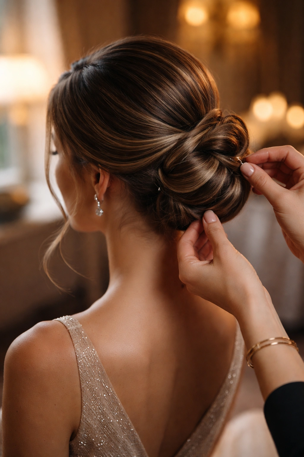 Finished polished updo with stylist adjusting final pins