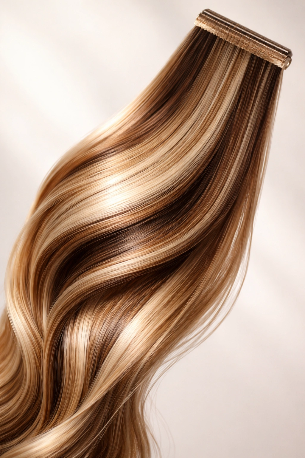 Close-up of a glossy hair extension strand on a plain background