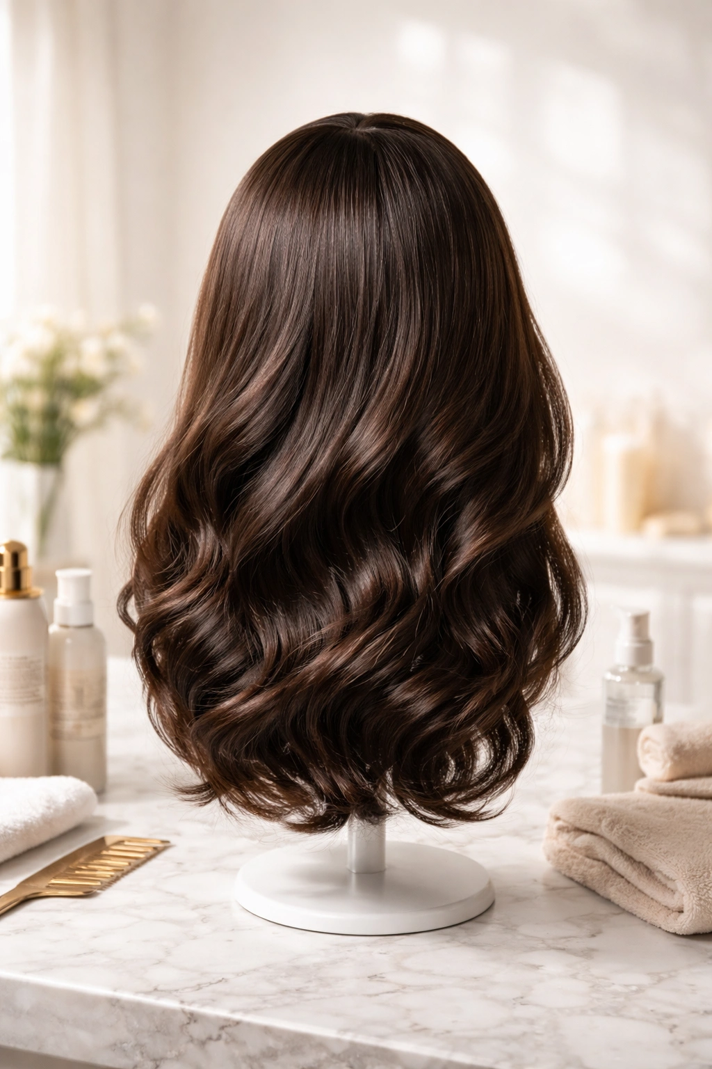 Pristine glossy wig on a stand illustrating proper care and longevity