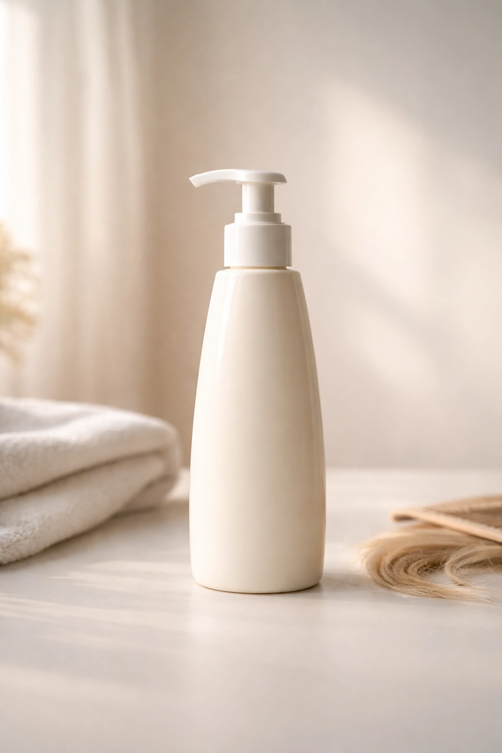 Minimalist still life of an unlabeled hair conditioner bottle with soft light
