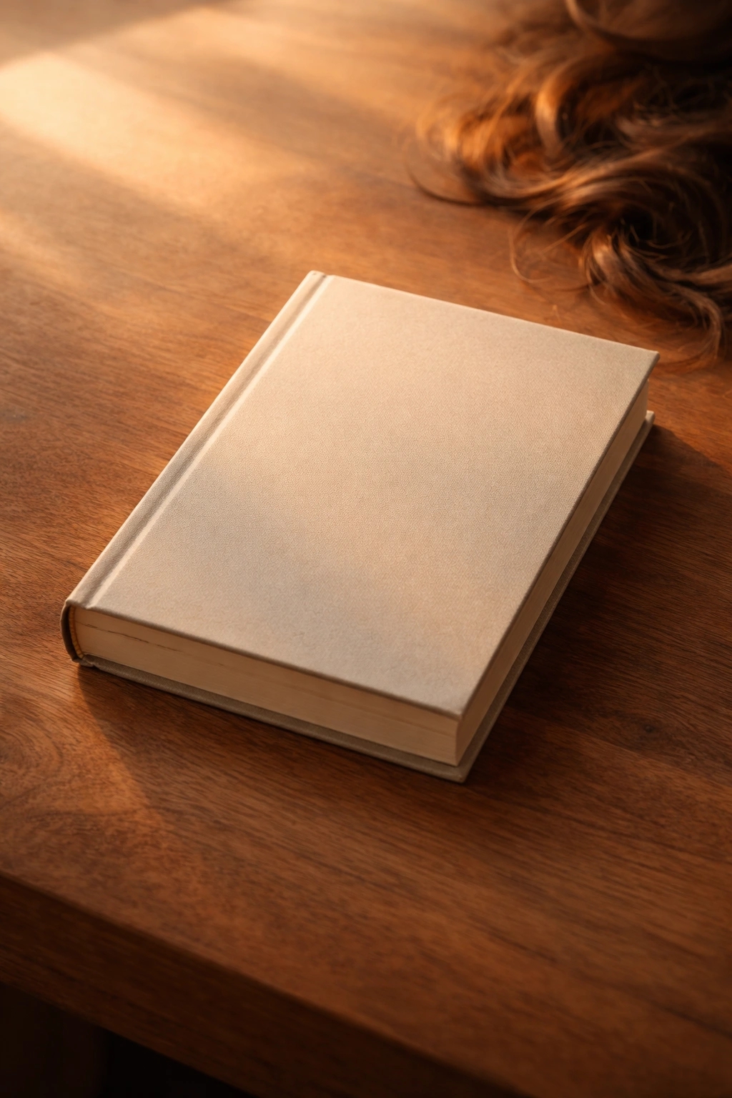Close-up of a plain-covered closed book on wood with warm lighting suggestive of final words