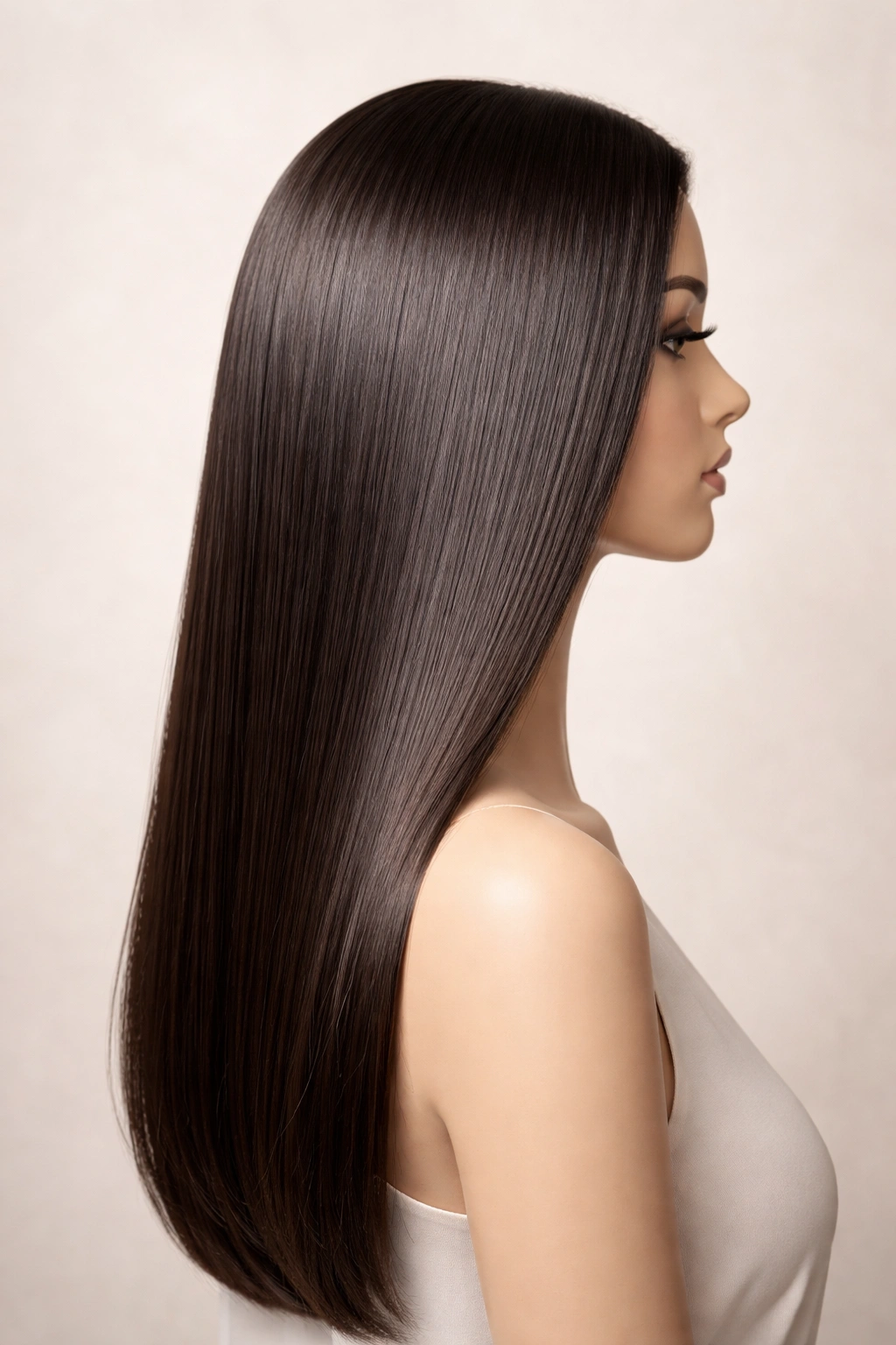 Finished sleek hair on a mannequin head with no tools visible