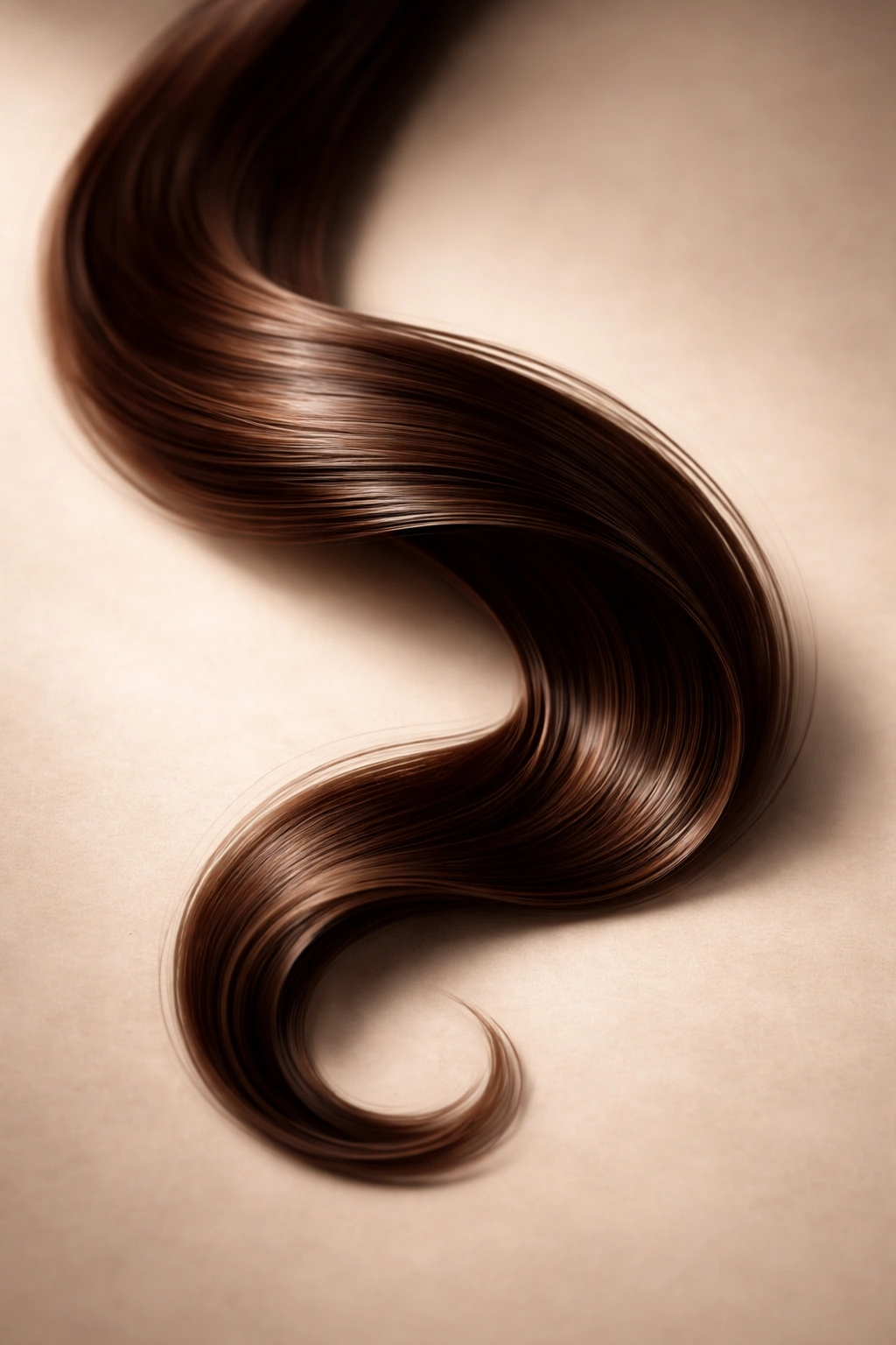 Single chocolate brown hair strand with soft lighting