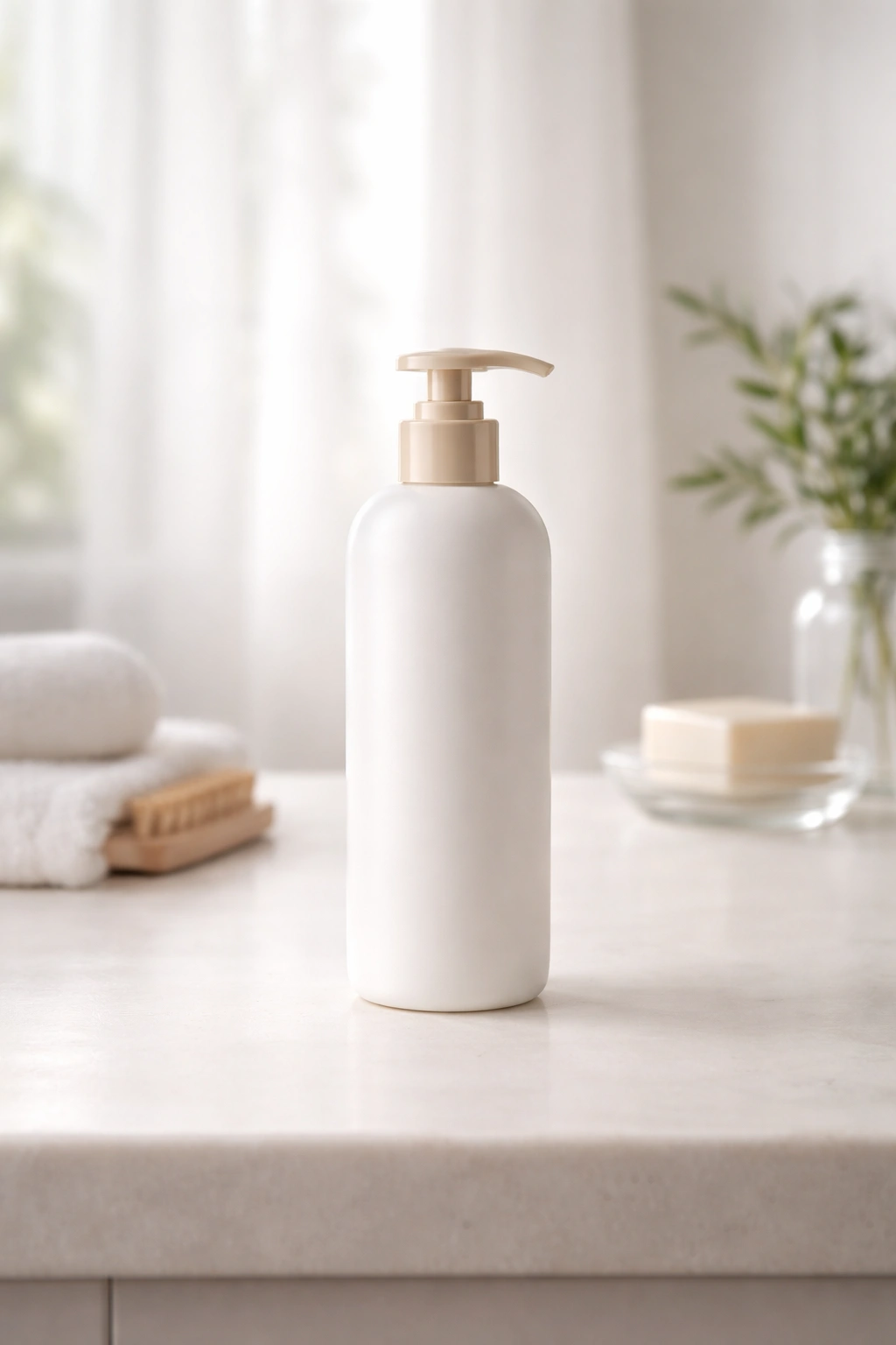 Minimal bathroom counter with a single unbranded bottle in soft light