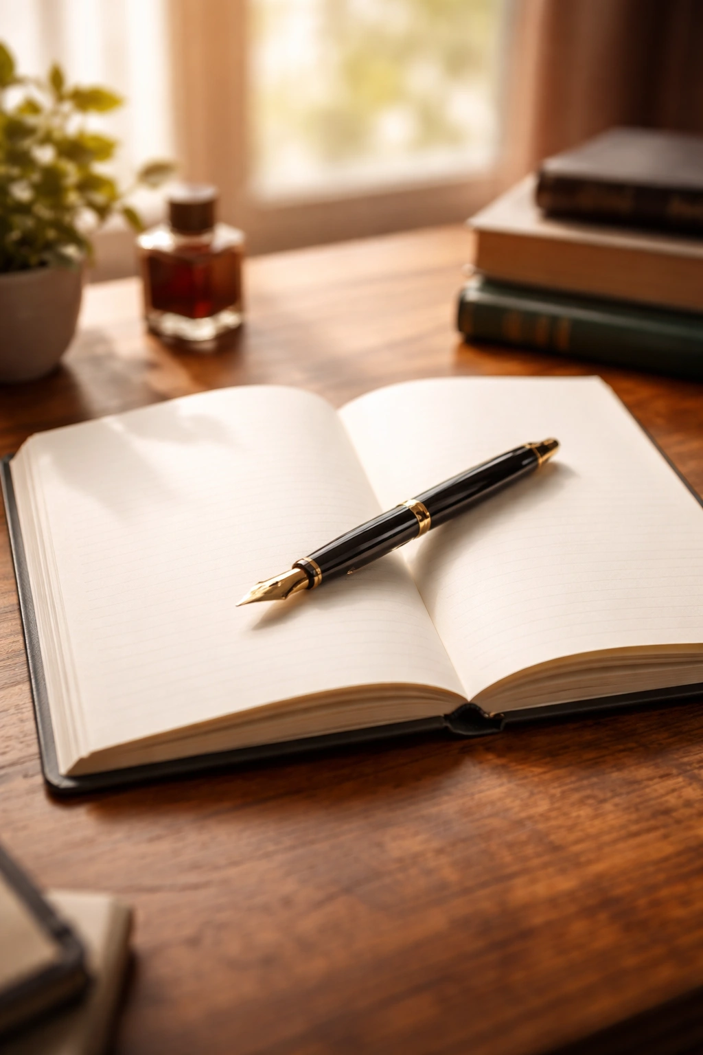 Blank notebook and fountain pen on wooden desk, symbolizing final words and careful decisions