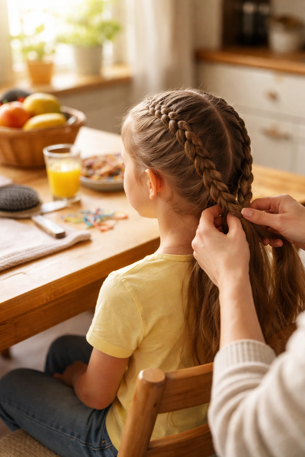 Close-up of a child's braided hair during a parent braiding moment in a cozy home setting