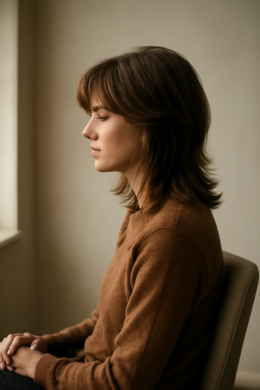 20 Layered Haircuts Sorted by Length and Hair Type 21 Contemplative person in a softly lit space with a layered haircut