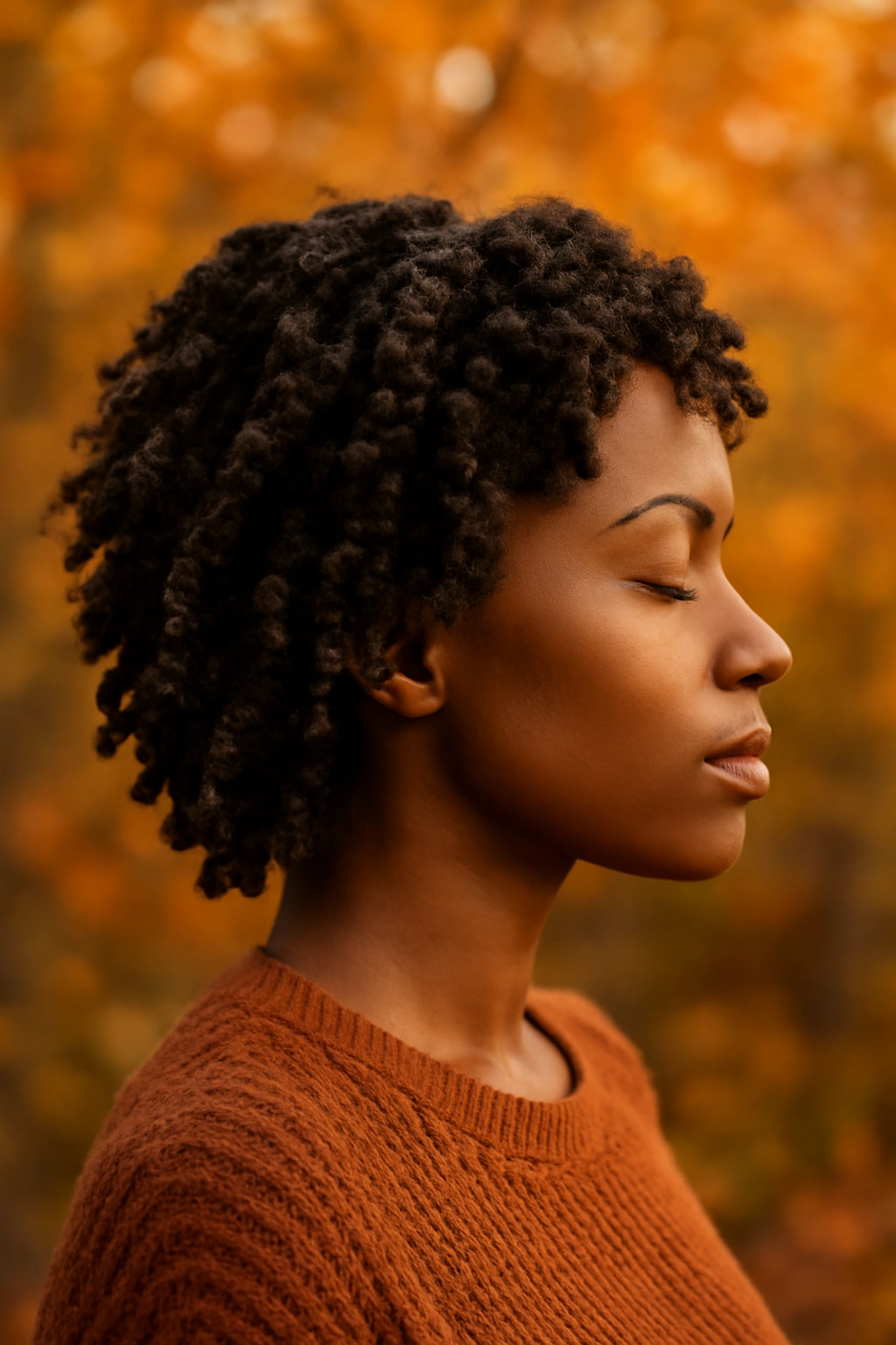 12 Fall Hairstyles Black Women Will Look Great In 13 Side-profile of a Black woman with a twist-out protective hairstyle against autumn leaves