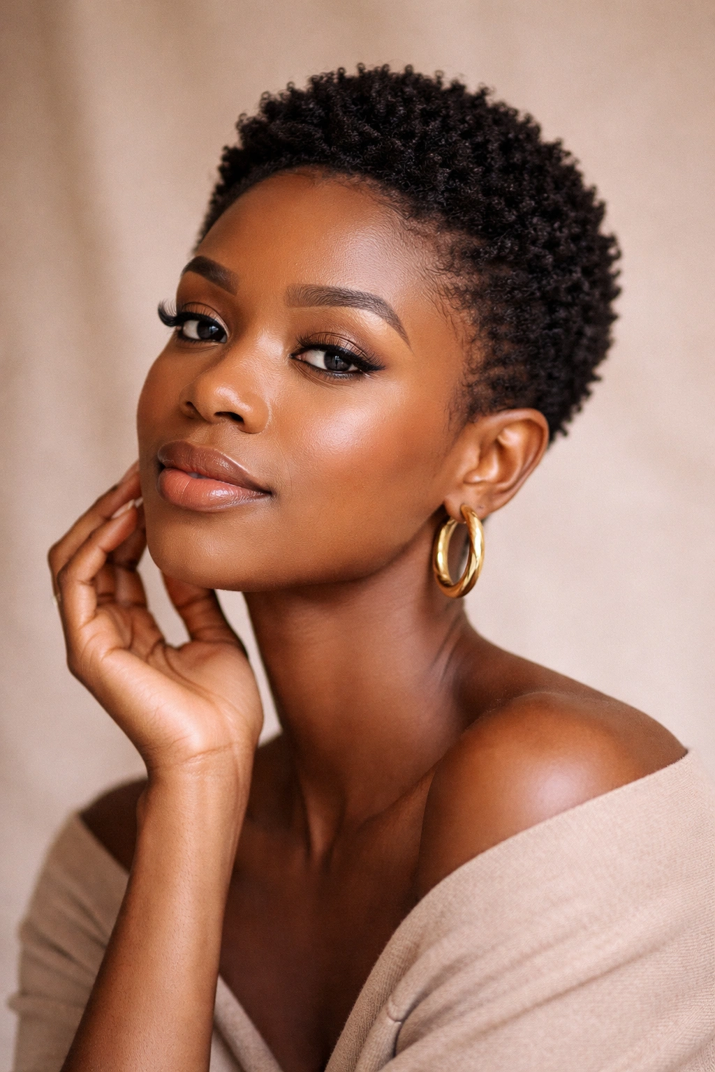 Contemplative portrait of a Black woman with short natural hair