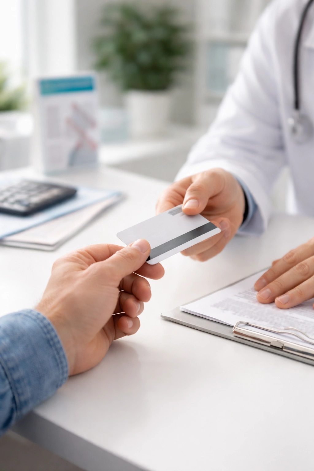 Patient and clinician discussing financing options for a hair transplant with a credit card symbol present.