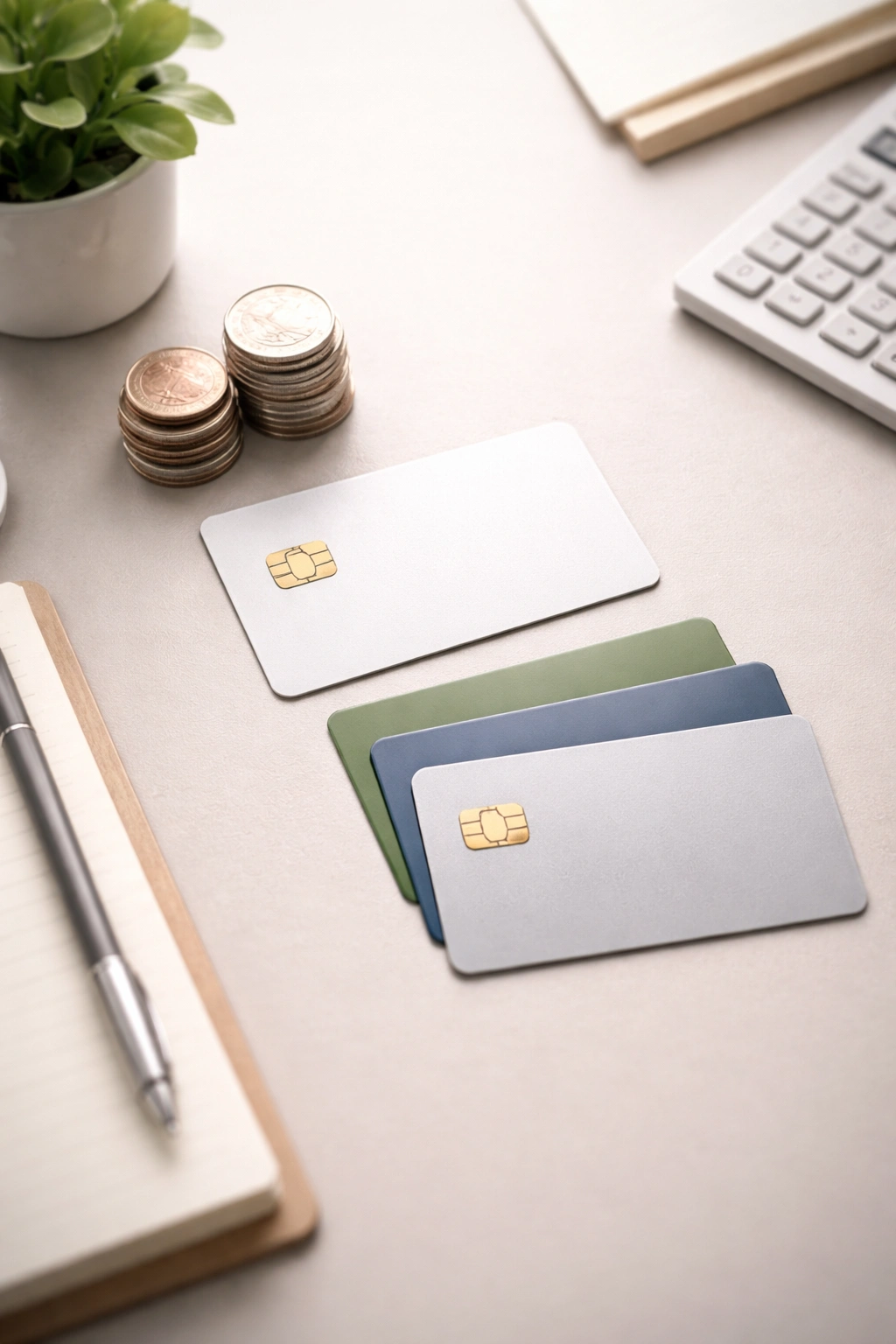 Visual of financing options for hair restoration featuring a blank credit card and coins on a clean desk