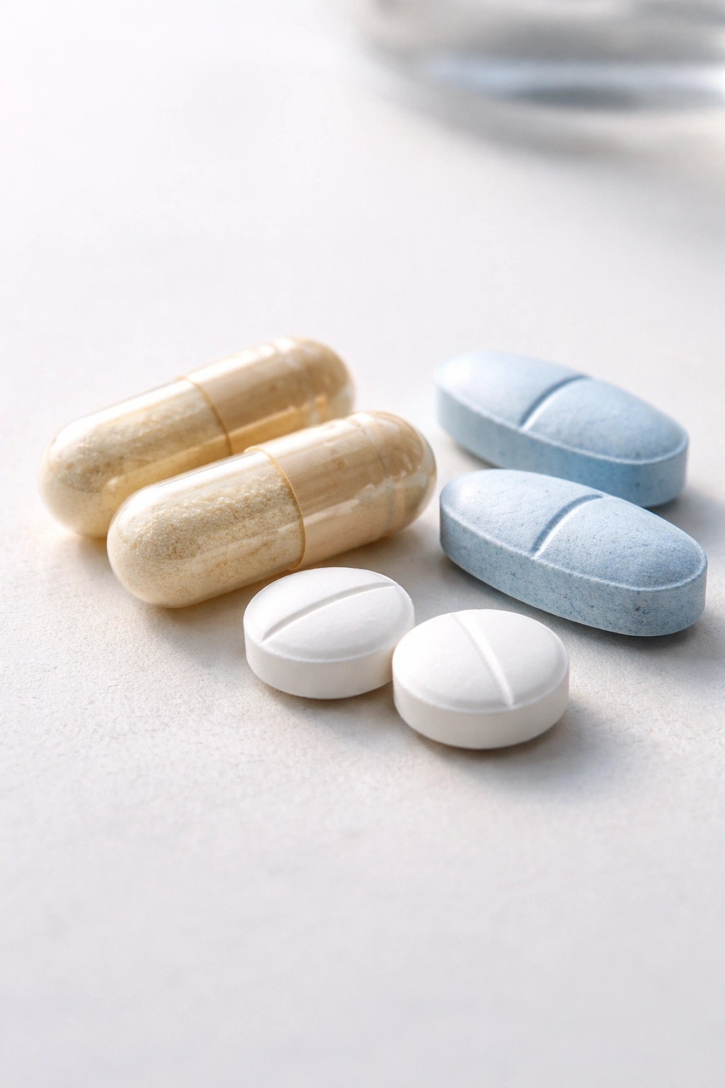 Pills and capsules on neutral surface representing hair loss medications