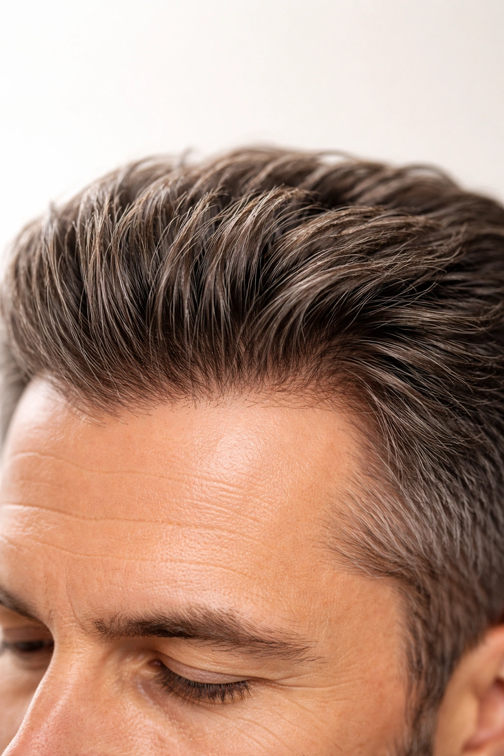 Scalp close-up showing healthy transplanted hair growth suggesting medical maintenance