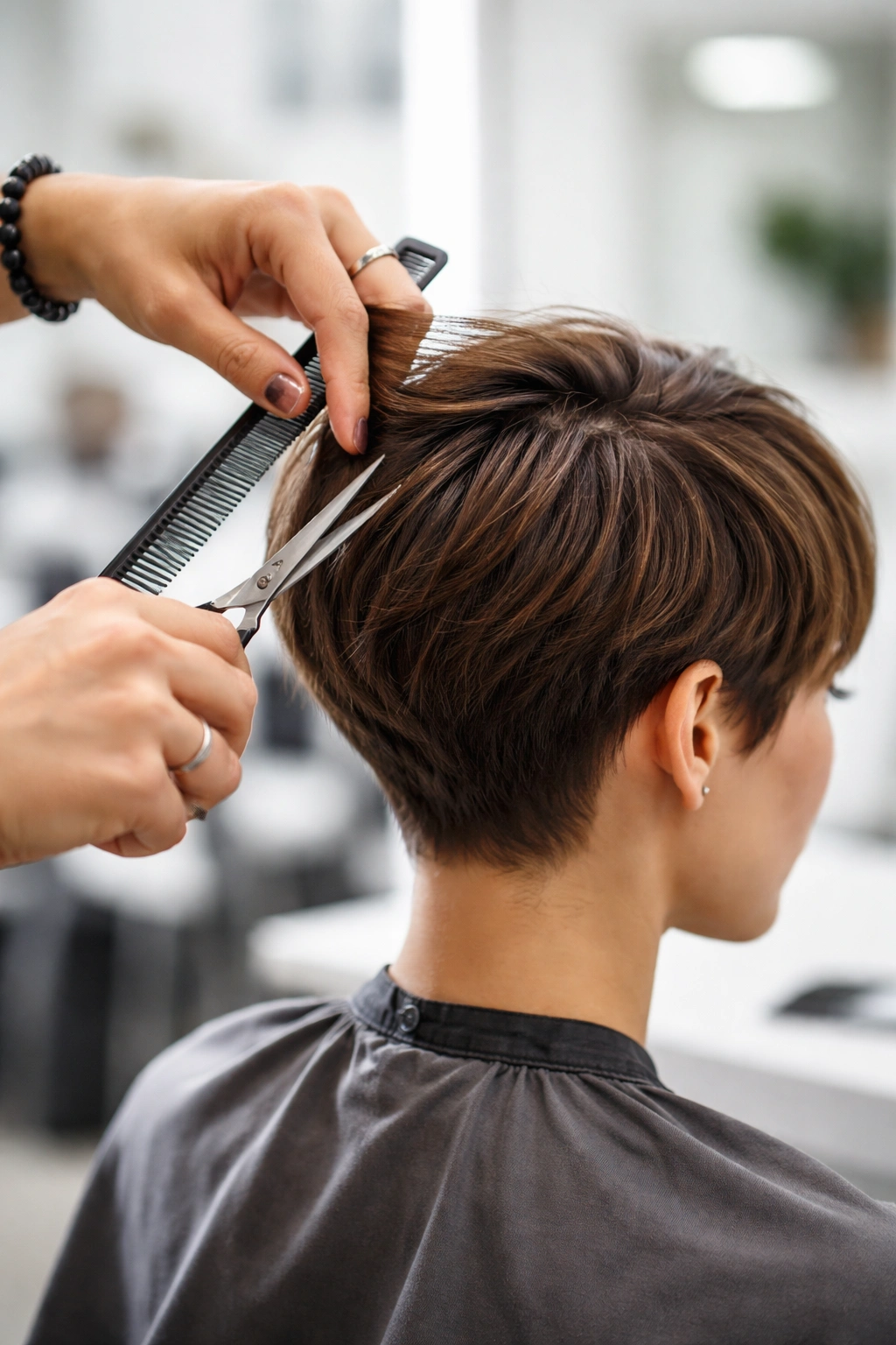 Hands of a stylist shaping a short haircut with scissors and comb