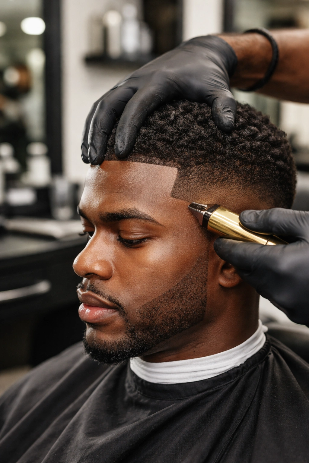Close up of a barber shaping a sharp line-up on a client's hair