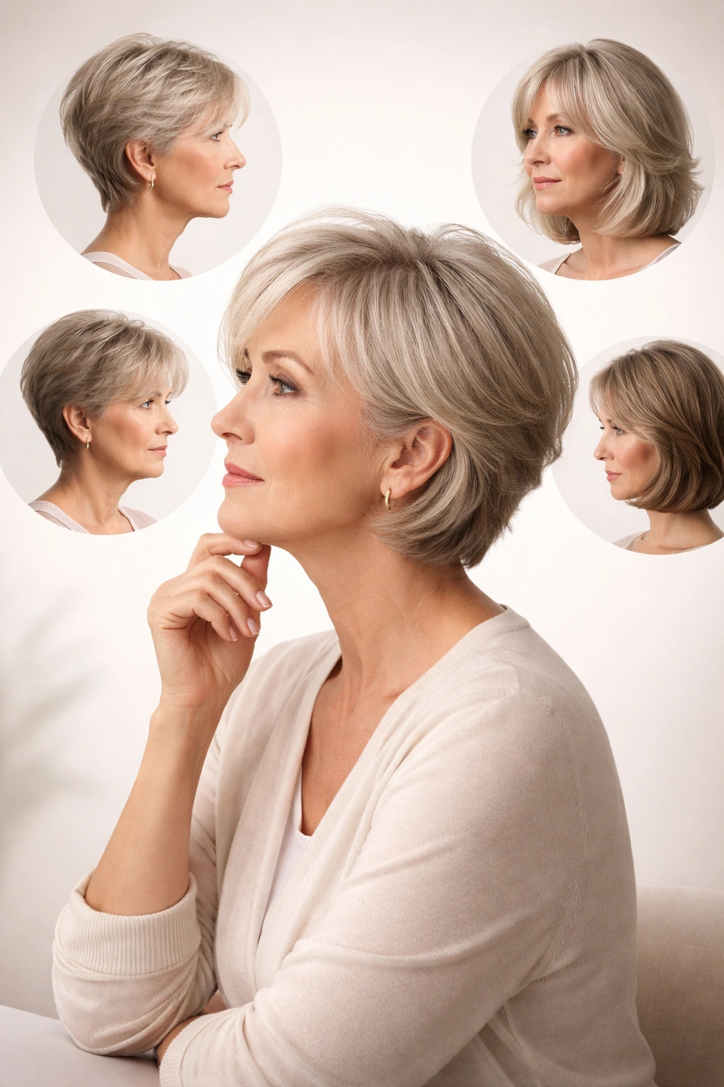 Side profile of a mature woman evaluating hairstyle options