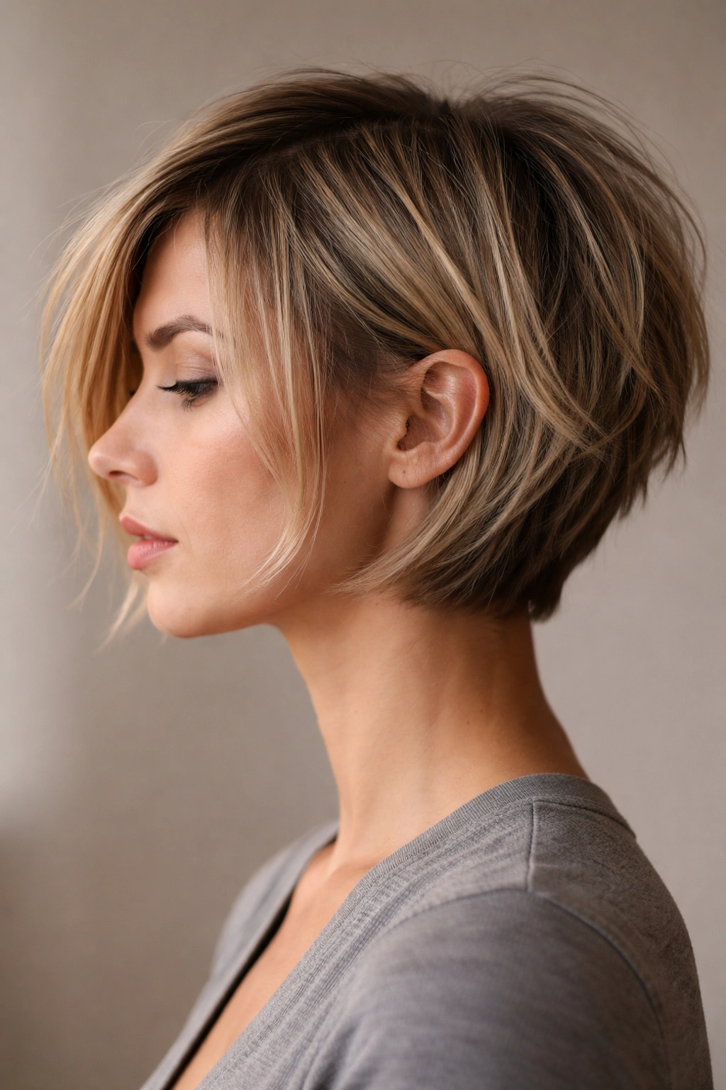 Profile view of fine hair bob showing uneven styling indicating common mistakes
