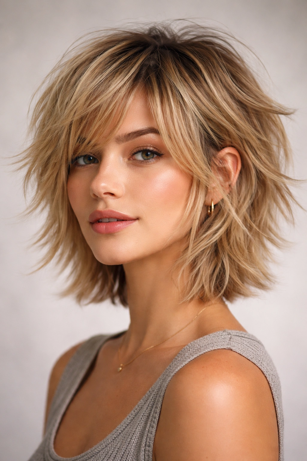 Choppy layers shag for fine hair with added volume in studio light