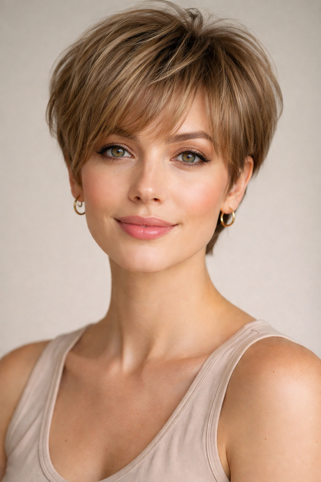Close-up of a fine-haired person with layered baby cut designed for density