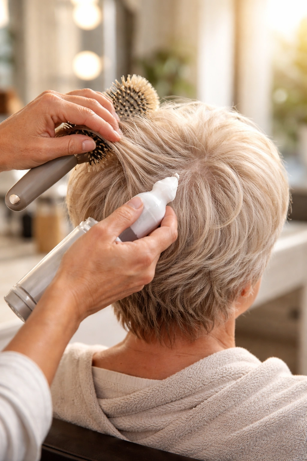 Hands applying mousse to damp fine hair with a round brush for lift