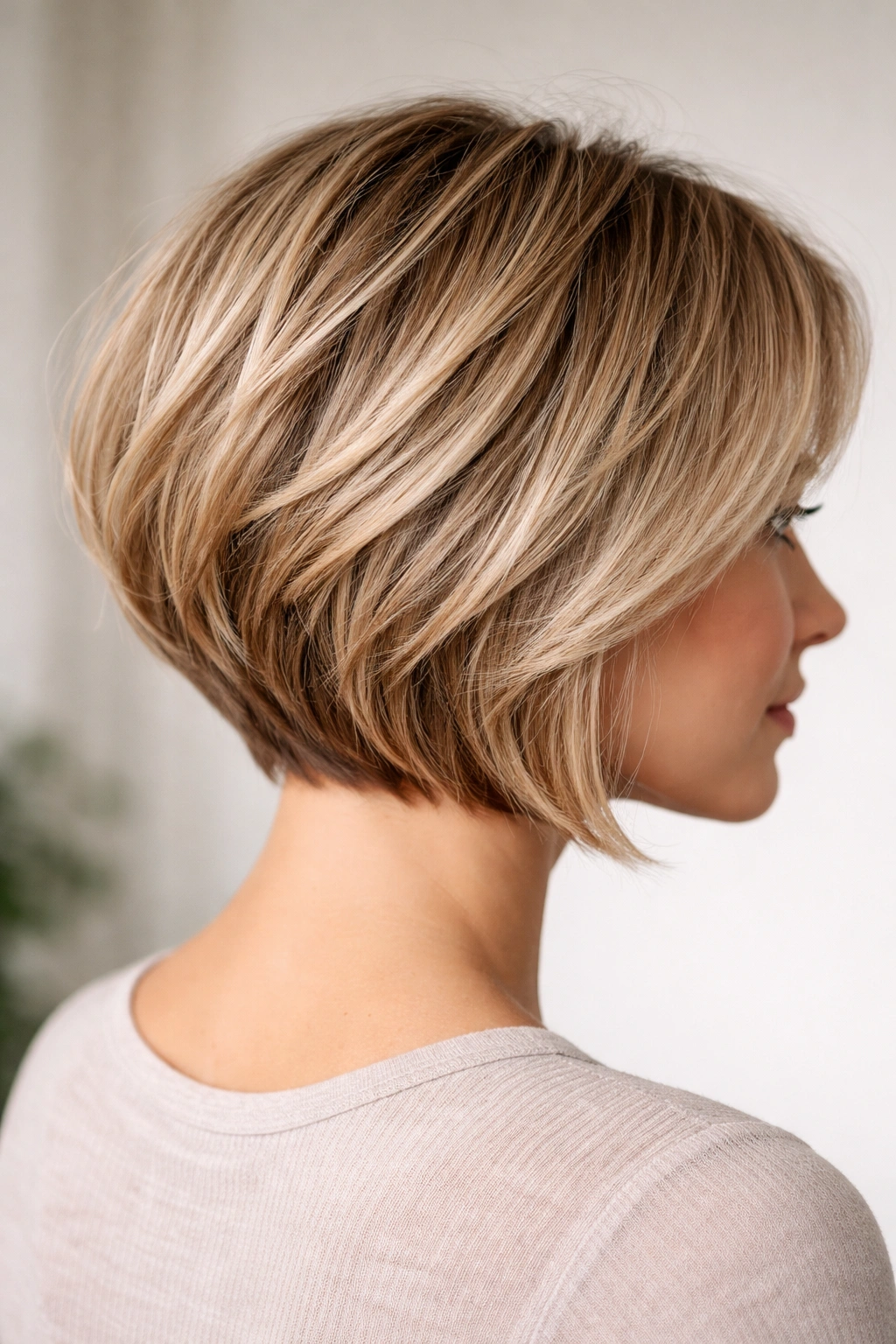 Close-up of fine-hair stacked bob with lift and texture