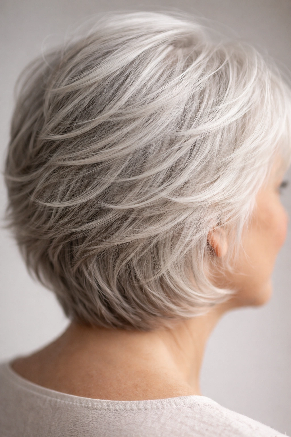 Close-up of fine hair with soft feathered layers and textured shine