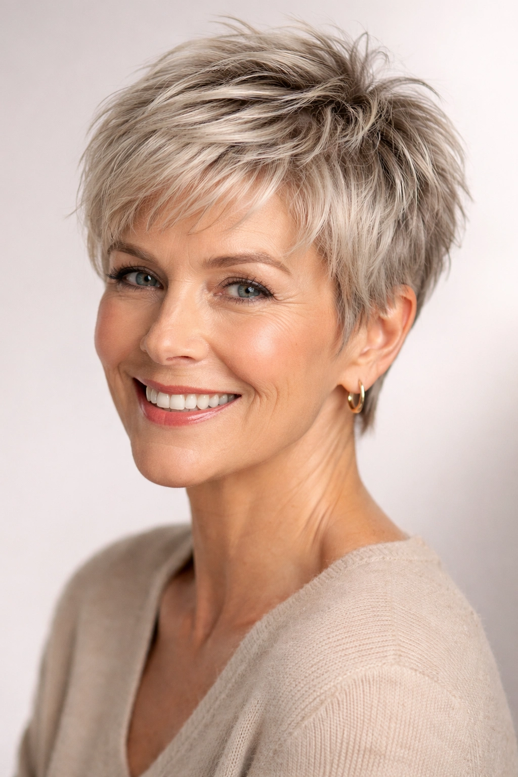 Close-up of a woman with a short textured crop that adds volume.