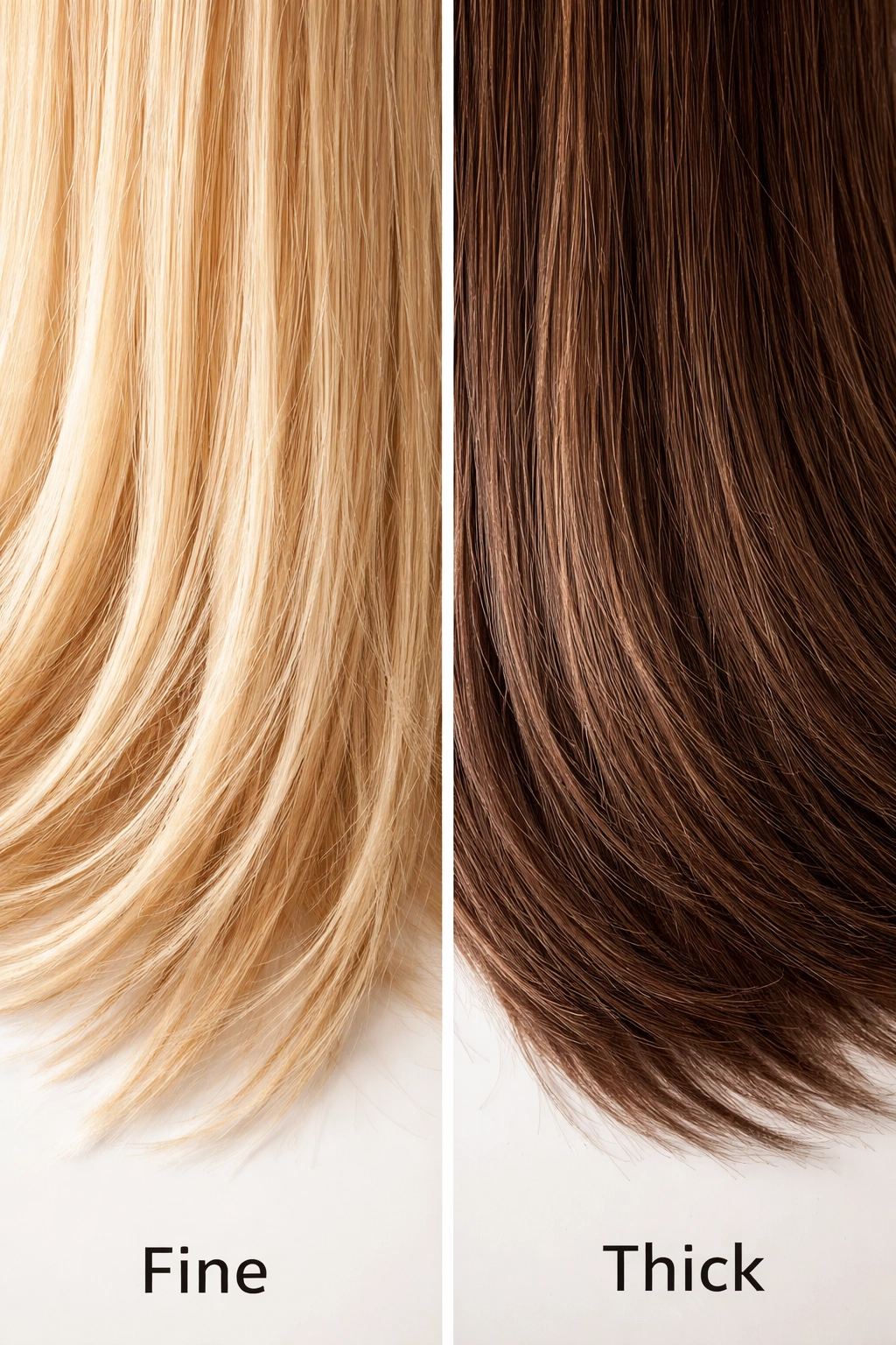Split-image of fine hair versus thick hair to illustrate trimming intervals