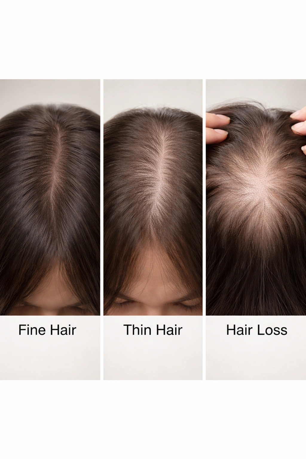 Triptych close-ups display differences between fine hair, thinning hair and hair loss on the scalp