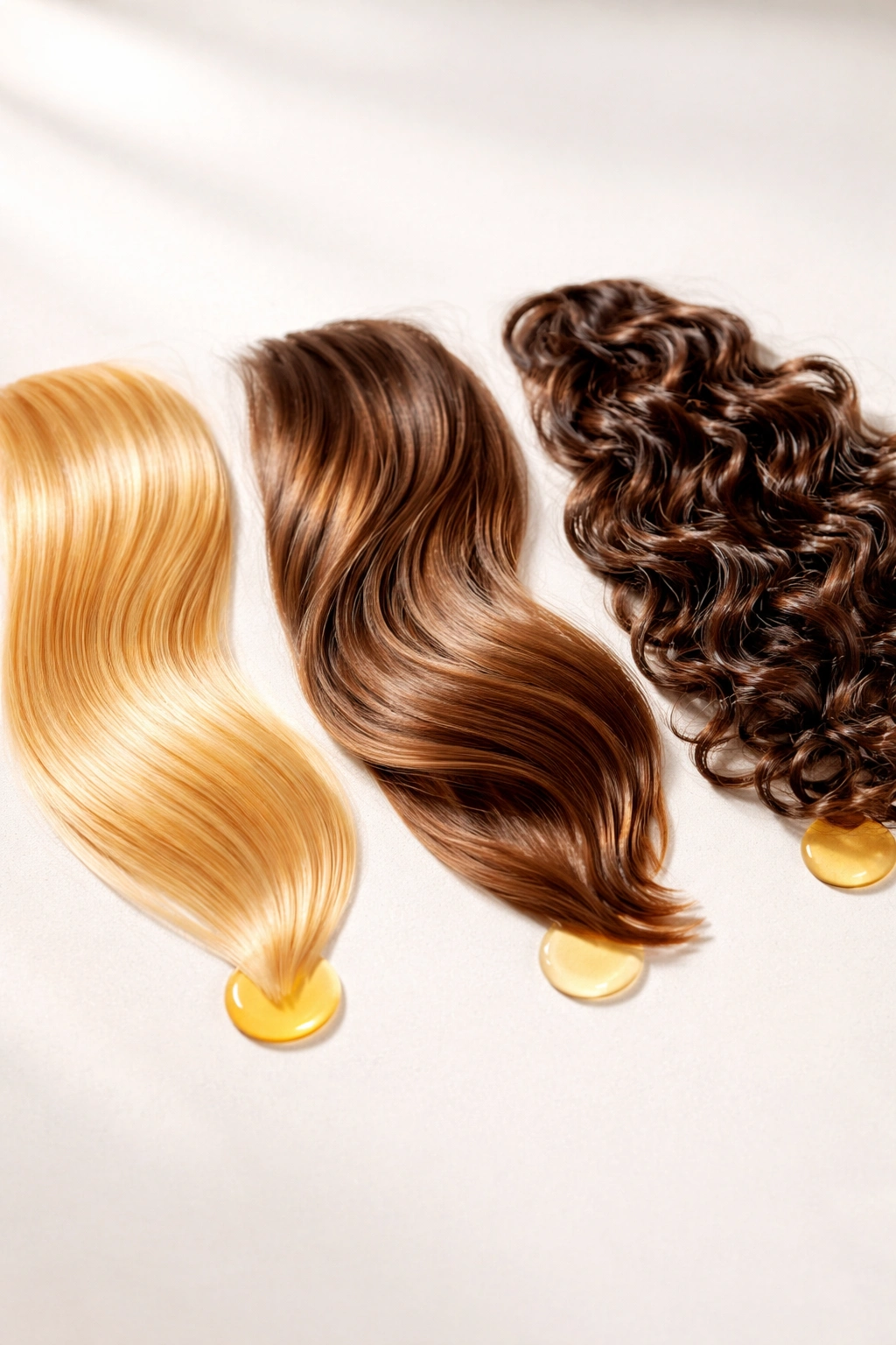 Three hair swatches showing fine, medium, and curly textures