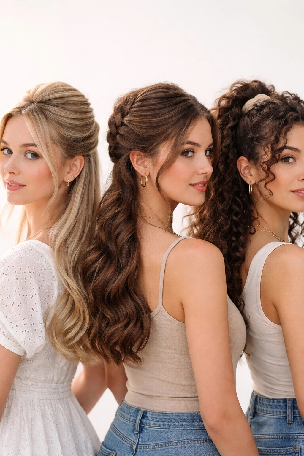 Three heads showing fine, thick, and curly hair types with matching hairstyles.