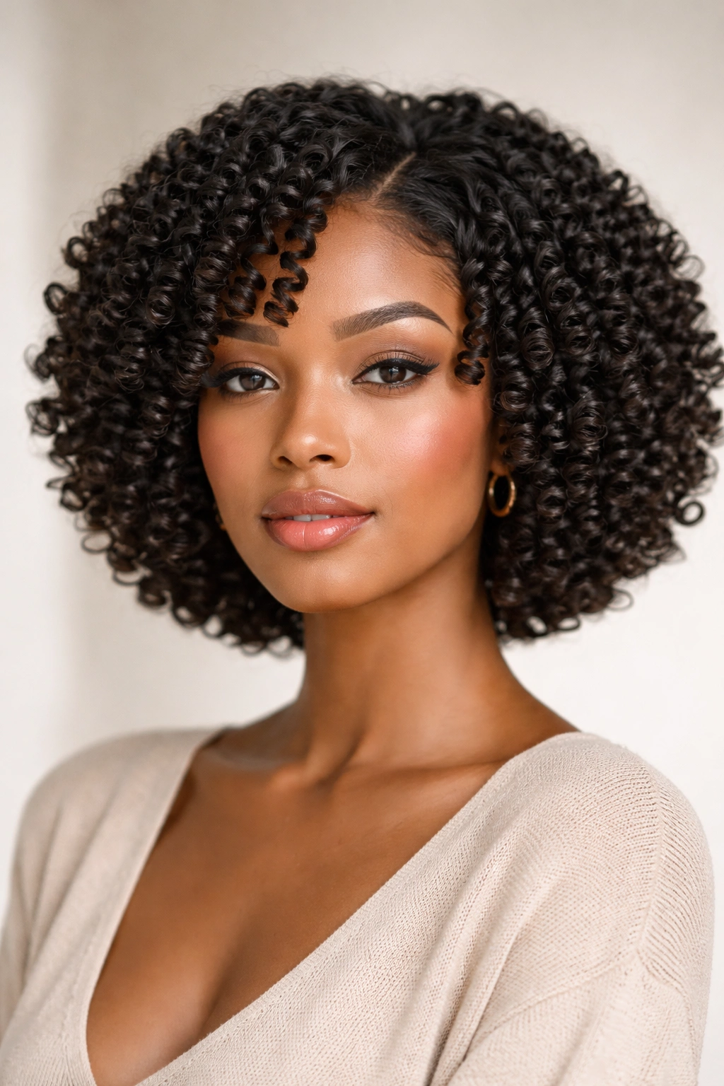 Defined finger-coil curls in a bob with uniform ringlets