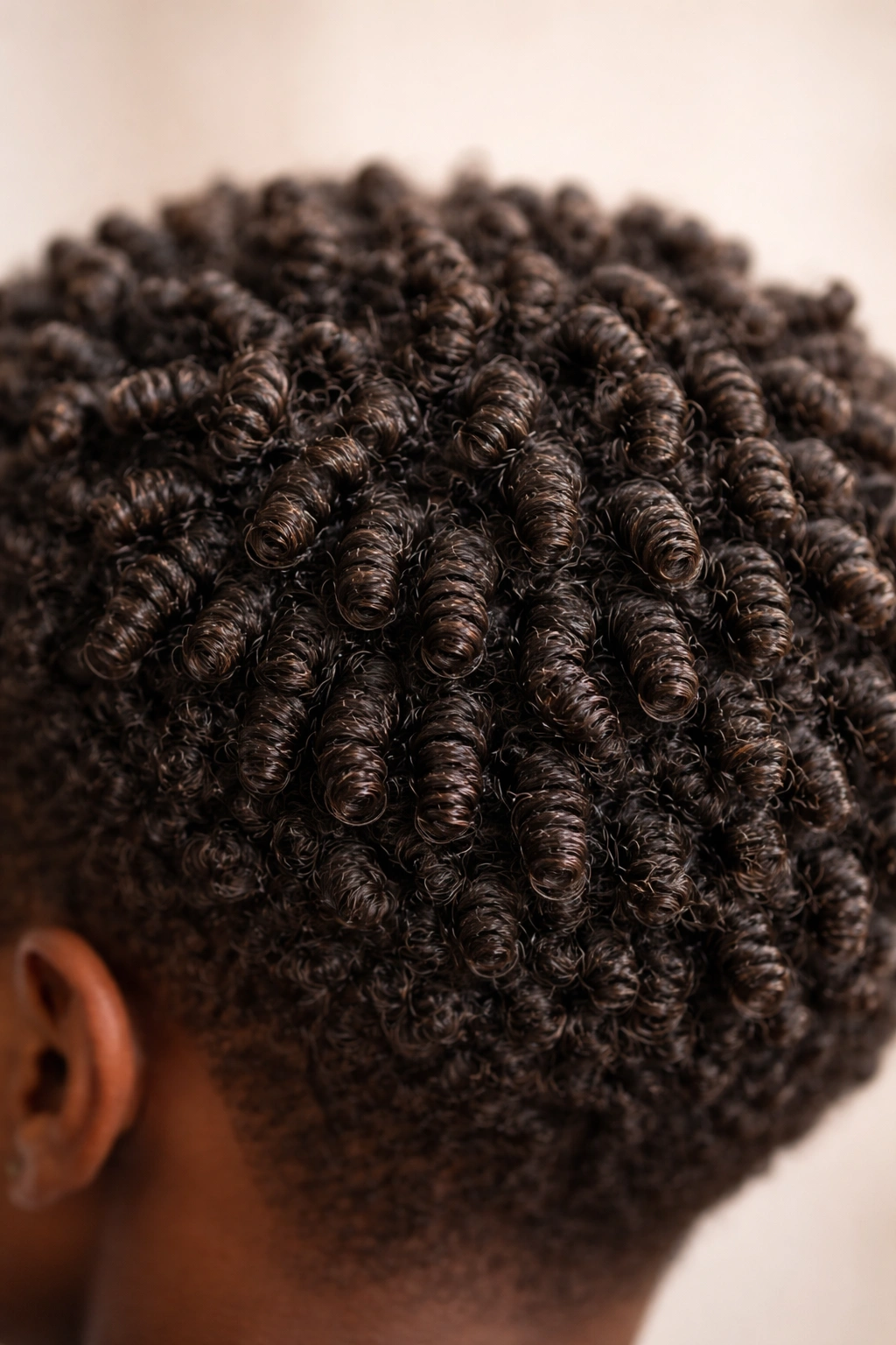 Close-up of tight finger coils on short 4C hair showing defined spiral curls