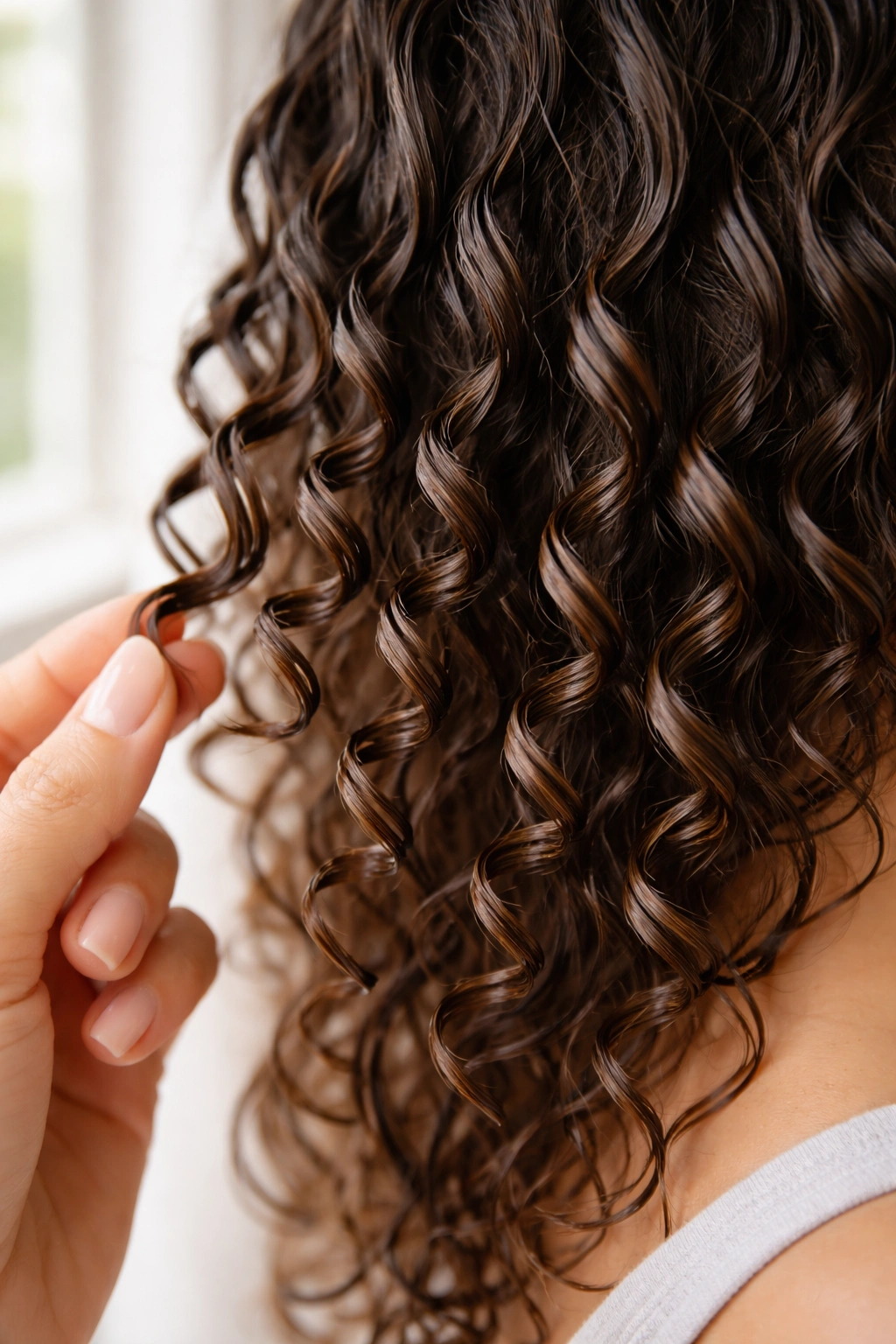 Close-up of small finger coils formed on damp hair