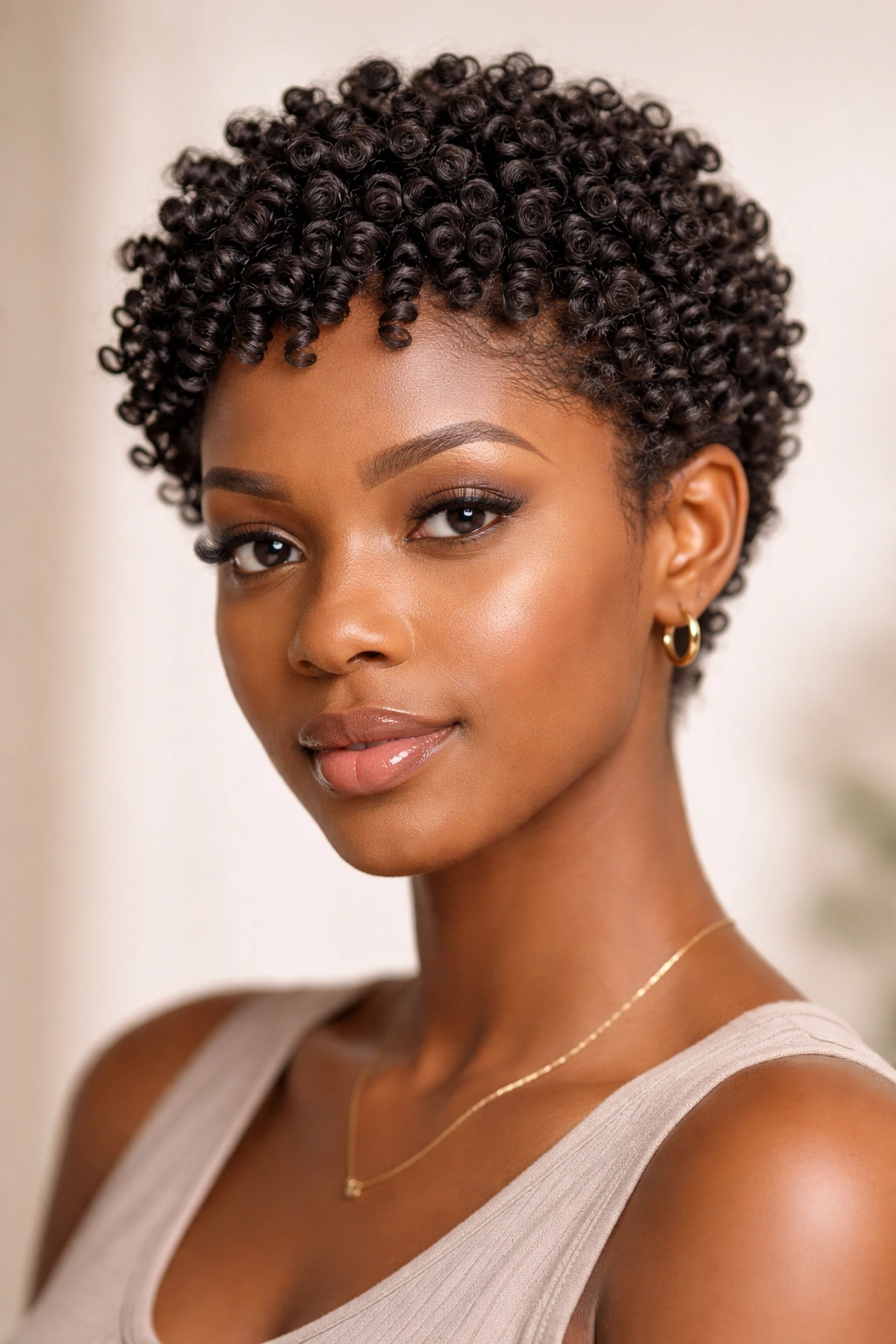 Close-up of a person with finger coils on short natural hair