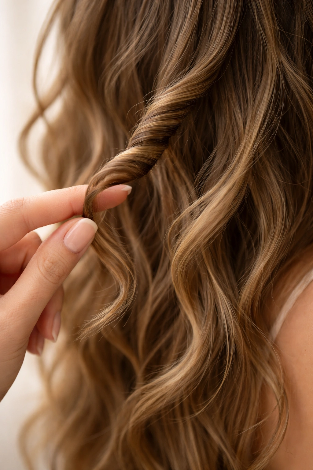 Close-up of loose spiral waves formed by finger coiling on damp hair