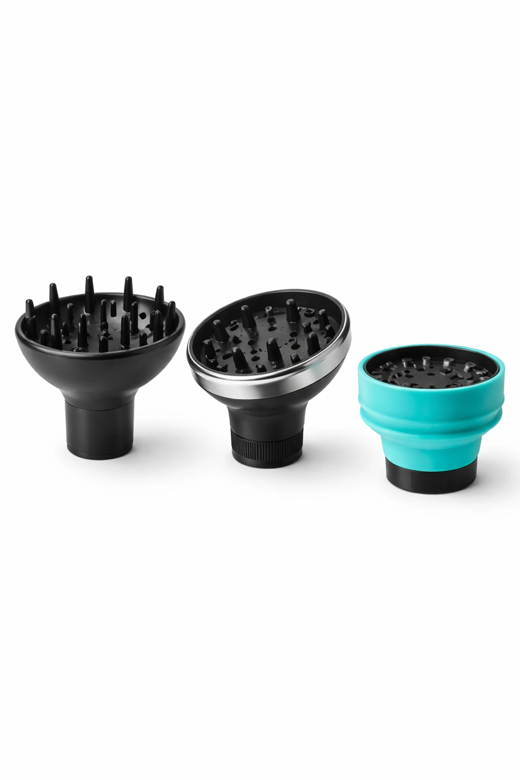 Three diffusers showing finger, universal, and silicone designs