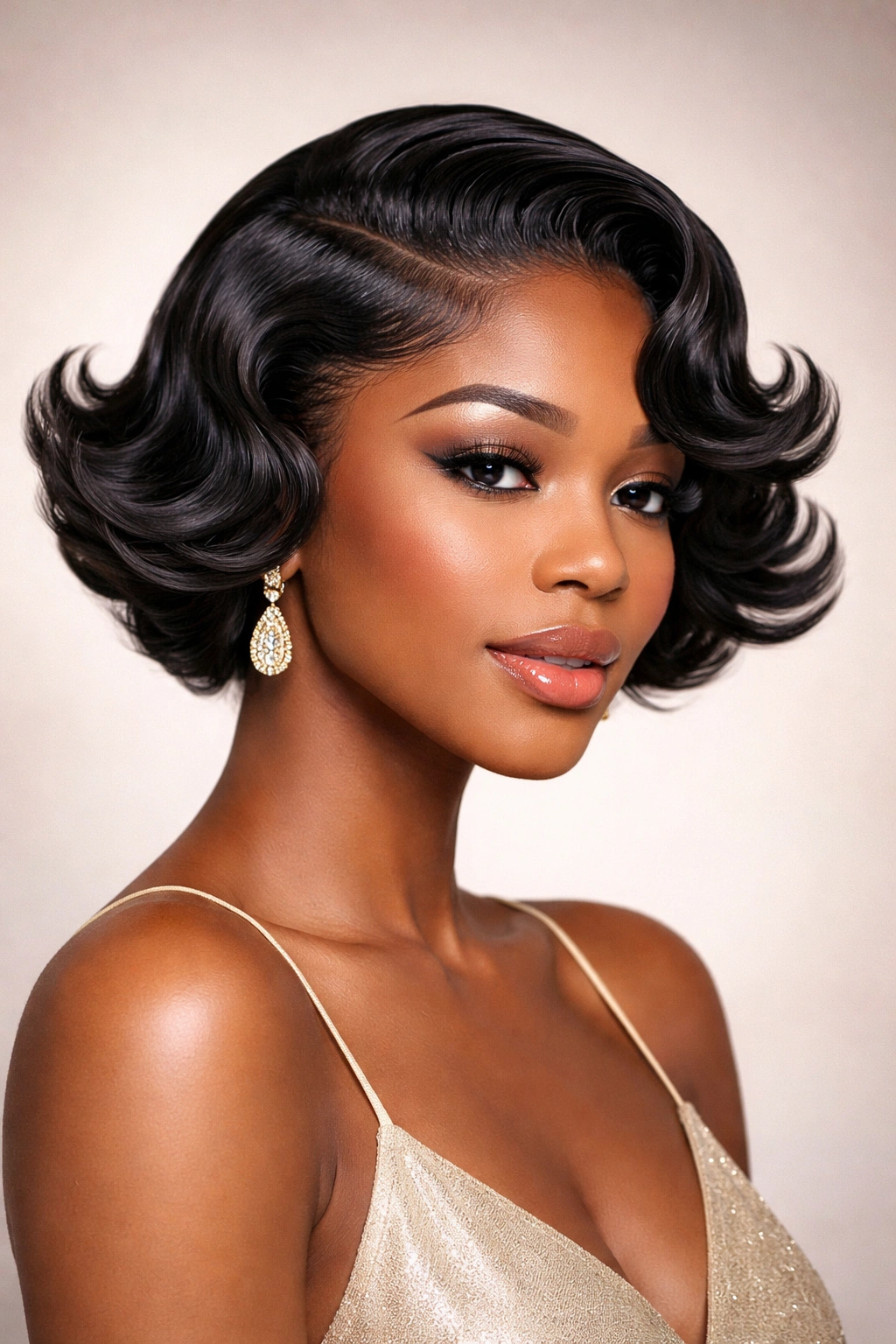 Close-up of a Black woman with a finger wave bob and dramatic outward flip at the ends.