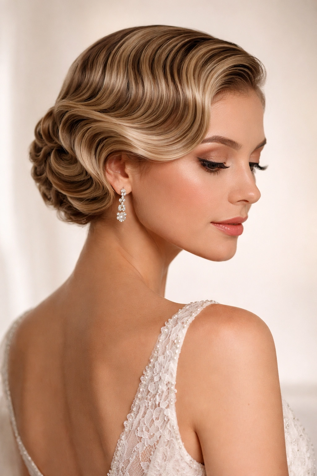 Sculpted finger waves in a low updo with high shine