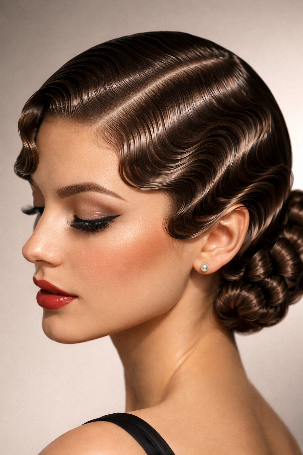 Close-up of a head with precise finger waves